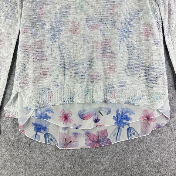 SIONI Pullover Sweater Womens L Butterfly Floral Knit Chiffon Layered Split Back - Picture 3 of 11